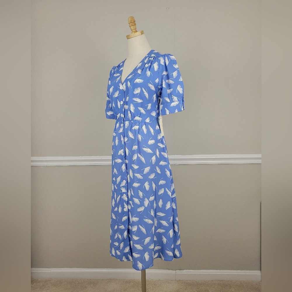 Capulet Tally Gingko Blue and White Feather Print Midi Button Down Dress